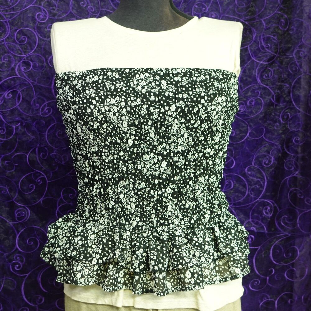 H&M Womens Sz 12 *READ Smocked Elastic Band Strapless Top Peplum Ditsy Floral